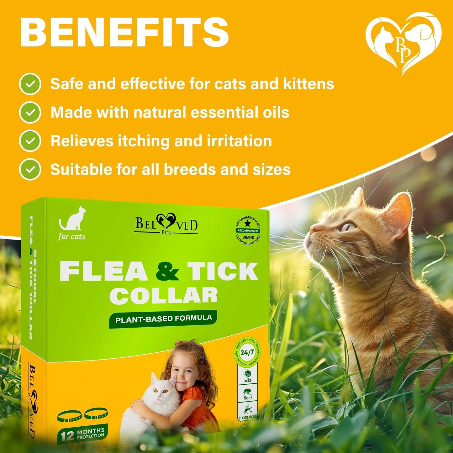 Natural Flea & Tick Collar for Cats 12 Months Control of Best Prevention & Safe Treatment anti Fleas and Ticks Essential Oil Repellent (1 Count)
